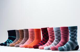 colección de diferente patrones de color calcetines en un fila, blanco antecedentes. ai generado. foto