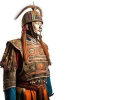 Medieval ancient Mongolian warrior in armor. White background, isolate. . photo