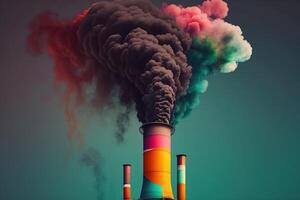 Ecology pollution, smoke from chimney on marsh background, graphic color isolate. . photo