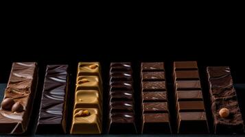 Various types of dark, milk chocolate with nuts, raisins in a row, black background. . photo