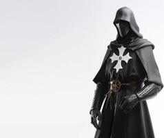 Medieval warrior templar in knight armor. White background, isolate. . photo