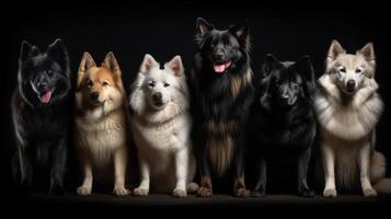 Various types of fluffy dogs sit in a row, black background, isolate. . photo