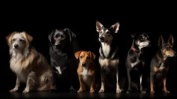 Various types of fluffy dogs sit in a row, black background, isolate. . photo