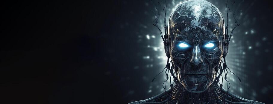 Artificial intelligence, composition of a chrome cyborg robot on a dark background, isolate. . photo