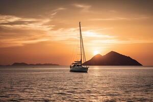 Luxury yacht sailing in the middle of the sea beside an island and mountains in the horizon at sunset as wide banner. photo