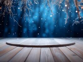 Winter snowy stage background with wooden flooring and Christmas lights on blue background, banner format, copy space. photo