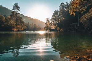 Lake, crisp radiant reflections, sunlight gleaming. photo