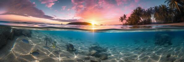 Photograph of beautiful inviting beach scene with pink sunset sky. photo