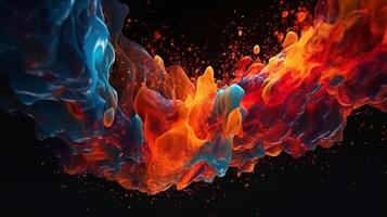 Paint drop. Ink water. Cold flame. Burning ice. Red orange blue color gradient glowing glitter fluid splash on dark black abstract art background. photo