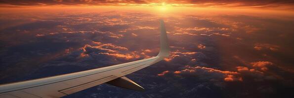 el ver desde el avión ventana a el puesta de sol. aéreo vista. ai generativo foto