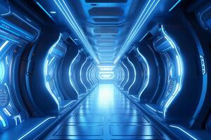 Futuristic background science fiction interior and blue light architecture corridor. photo