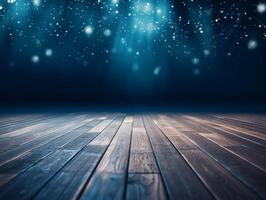 Winter snowy stage background with wooden flooring and Christmas lights on blue background, banner format, copy space. photo