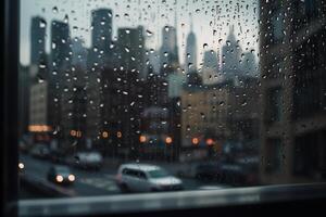 Photography of raindrops on the windows glass in focus with blured city skyline in the background. AI Generative photo