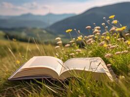 libro en el prado con montaña a antecedentes. ai generativo foto