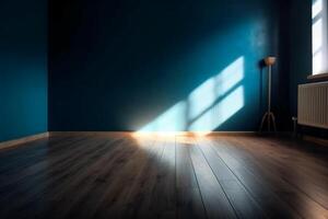 Blue empty wall and wooden floor with interesting light glare. Interior background for the presentation. photo