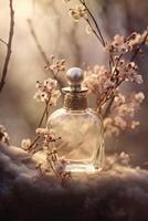 Still life photography, transparent perfume bottle in the center, stones, branches, flowers. photo