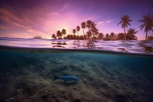 Photograph of beautiful inviting beach scene with purple sunset sky. photo