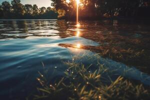 Lake, crisp radiant reflections, sunlight gleaming. photo