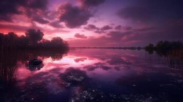 A scene in which the entire purple sky is reflected in the water. photo