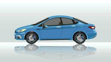 Concept vector illustration of detailed side of a flat blue car. with shadow of car on reflected from the ground below. And isolated white background.