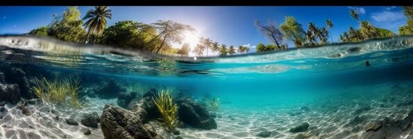 Photograph of beautiful inviting beach scene with blue sky. photo