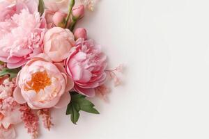 peonias, rosas en blanco antecedentes con Copiar espacio. resumen natural floral marco diseño con texto espacio. romántico femenino composición. Boda invitación. ai generativo foto