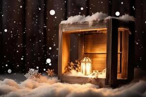 Winter Christmas snowy frame with copy space. Wooden light boards are covered with snow with clean free empty space for text. photo