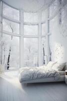 Aesthetic sculptural minimal white modern bedroom with light wood floors. photo