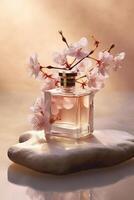 Still life photography, transparent perfume bottle in the center, stones, branches, flowers. photo