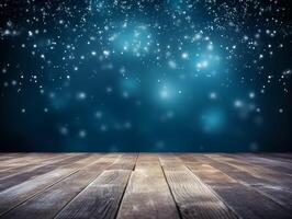 Winter snowy stage background with wooden flooring and Christmas lights on blue background, banner format, copy space. photo