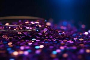 Sparkling Glitter abstract background dark purple saturated color, de - focused, macro. Sequins fall and sparkle, round bokeh. photo