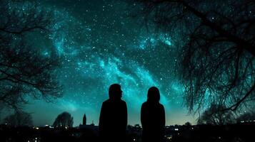 Silhouettes of two stargazing woman saying goodby, surrounded by trees and the contour of london city in the background. photo