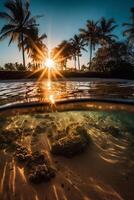 Photograph of beautiful inviting beach scene with sunset sky. photo