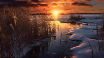 puesta de sol encima el cañas a el borde de el lago. ai generativo foto