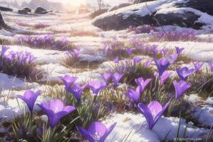 primavera paisaje con primero flores púrpura azafrán en el nieve en naturaleza en el rayos de luz de sol. ai generativo foto