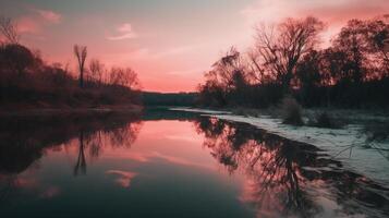 un escena en cuales el todo rosado cielo es reflejado en el agua. ai generativo foto