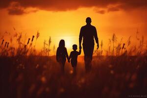 silueta de contento familia caminando en el prado a puesta de sol. ai generativo foto