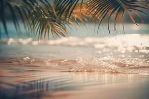 hermosa antecedentes para verano vacaciones y viajar. dorado arena de tropical playa, borroso palma hojas y bokeh Destacar en agua en soleado día. ai generativo foto