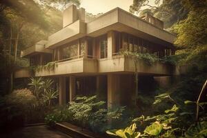 inspired new house in the brasilian jungle, brutalist, waterfalls, concrete, late in the day, sunshine through trees, view from parking towards glass patio, wide shot. photo