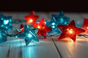 Navidad antecedentes con azul ligero luminoso guirnaldas y rojo estrellas en un blanco de madera antecedentes con Copiar espacio. ai generativo foto