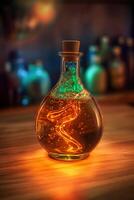 Glowing galaxy in a glass bottle. photo