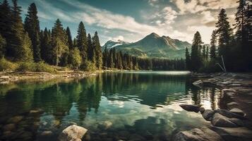 Lake with mountains and trees. photo