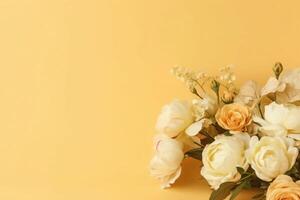 peonias, rosas en amarillo antecedentes con Copiar espacio. resumen natural floral marco diseño con texto espacio. romántico femenino composición. Boda invitación.. ai generativo foto