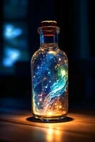 Glowing galaxy in a glass bottle. photo