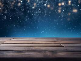 Winter snowy stage background with wooden flooring and Christmas lights on blue background, banner format, copy space. photo