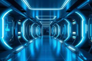 Futuristic background science fiction interior and blue light architecture corridor. AI generative photo
