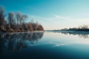 un escena en cuales el todo ligero azul cielo es reflejado en el agua. ai generativo foto