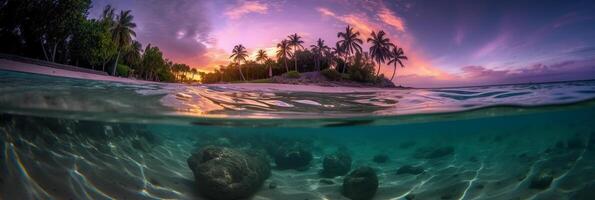 fotografía de hermosa atractivo playa escena con púrpura puesta de sol cielo. ai generativo foto