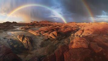 arco iris cielo, rojo mar de Roca. ai generativo foto