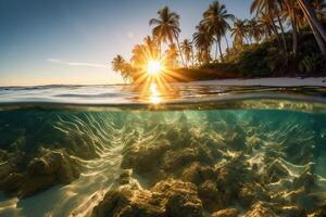 Photograph of beautiful inviting beach scene with sunset sky. photo